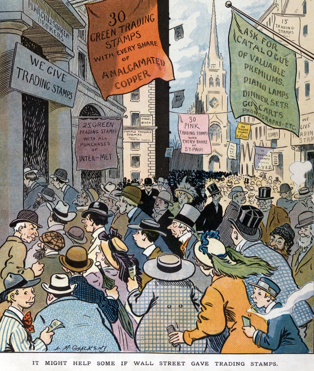 Het zou kunnen helpen als Wall Street handelspostzegels gaf door Louis Glackens 1866-1933, kunstenaar. Gepubliceerd in 1907. door Louis Glackens