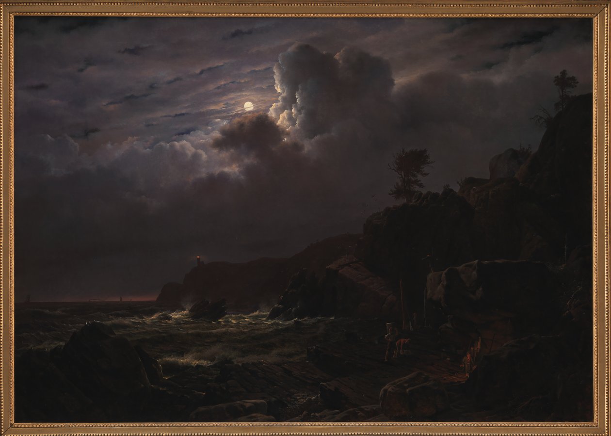 Uitzicht op Kullen in Zweden. Smokkelaars verbergen hun goederen tussen de rotsen. Maanlicht door Louis Gurlitt