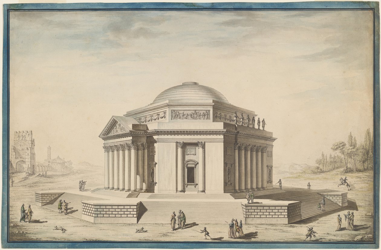 Hexagonale Tempel in een Italiaans Landschap door Louis Gustave Taraval