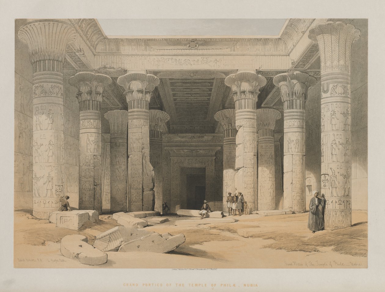 Egypte en Nubië, Deel I: Groot Portiek van de Tempel van Philae, Nubië, 1847 door Louis Haghe