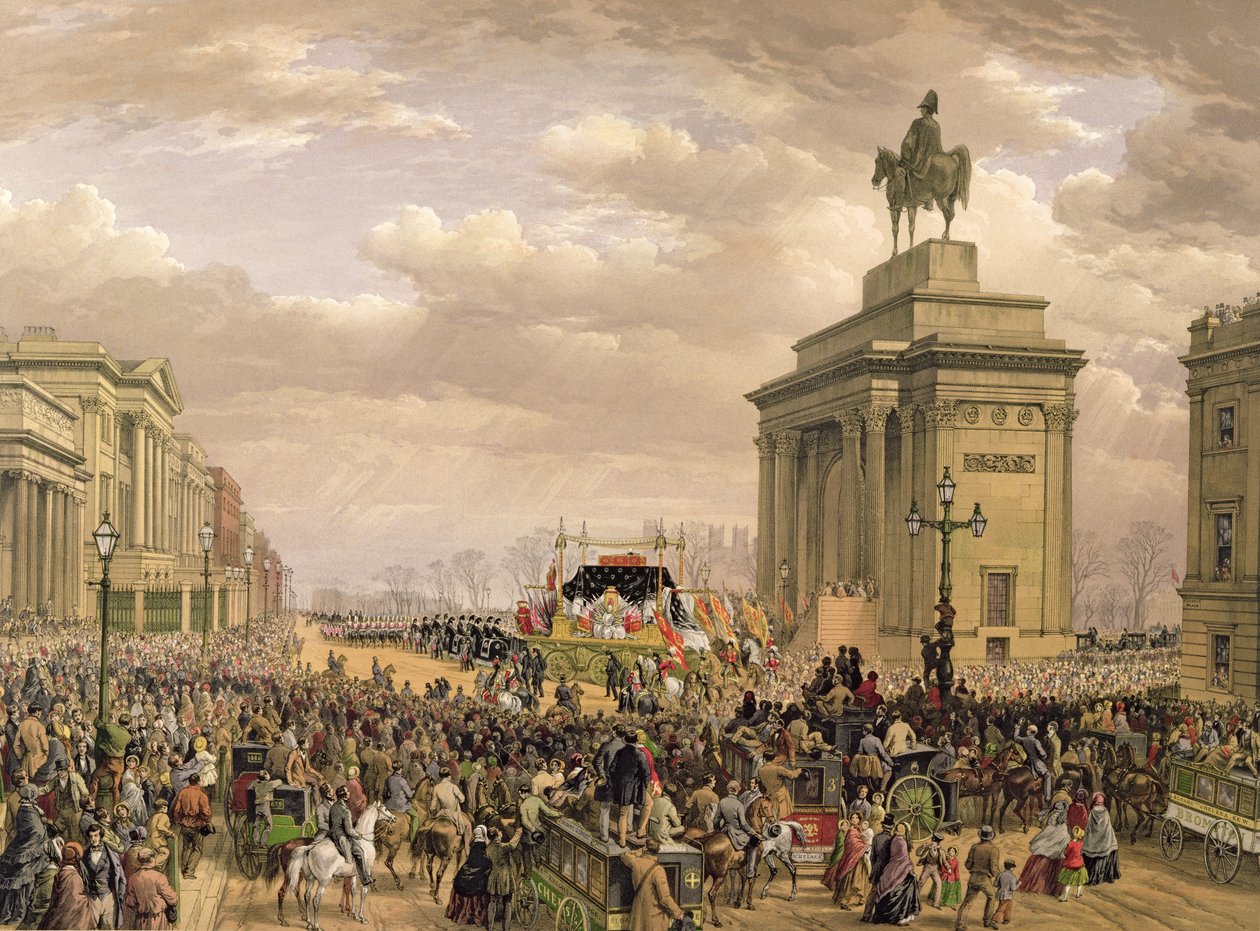 Begrafenis van de hertog van Wellington, de begrafeniswagen passeert de poort bij Apsley House, 18 november 1852, gegraveerd door Thomas Picken, gepubliceerd door Ackermann en Day, 1853 door Louis Haghe