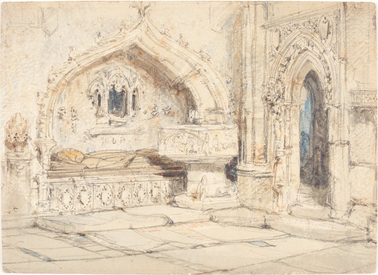 Interieur van een kerk met een muurgraf en middeleeuwse doopvont door Louis Haghe