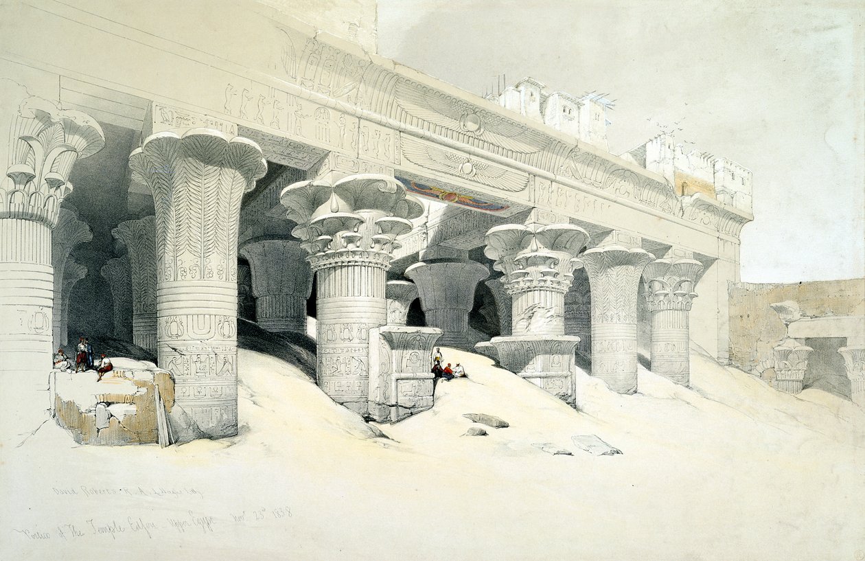 Portiek van de zandstenen Tempel van Edfu gewijd aan de valkenkop god Horus, Egypte, 1838 door Louis Haghe