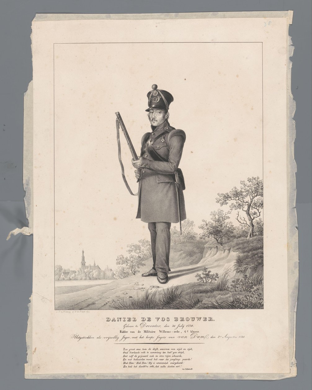 Daniel de Vos Brouwer. Geboren te Deventer, den 30 Julij 1770. Ridder van de Militaire Willems-orde, 4e klasse. Uitgetrokken als vrijwillig Jager, met het korps Jagers van Van Dam, den 2e Augustus 1831 door Louis Henri de Fontenay