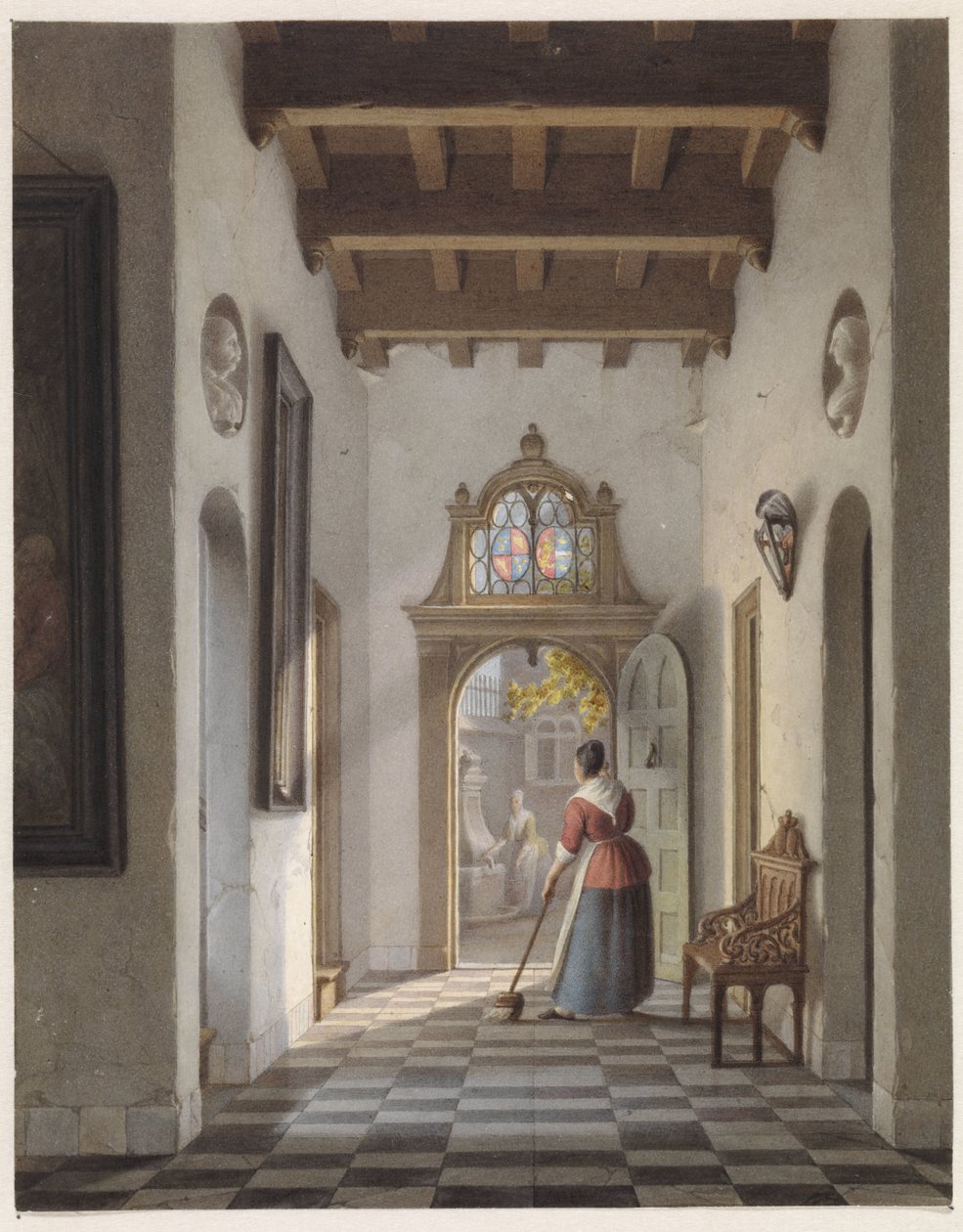 Meid die de gang van een huis veegt door Louis Henri de Fontenay