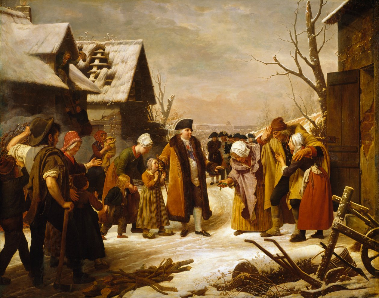 Lodewijk XVI verdeelt aalmoezen aan de armen van Versailles tijdens de winter van 1788 door Louis Hersent
