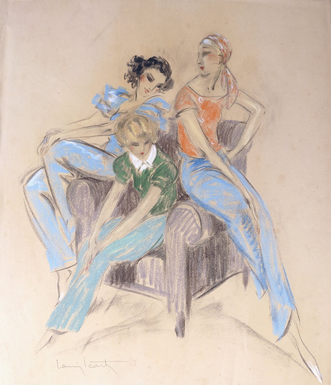 Drie meisjes zittend op een fauteuil door Louis Icart