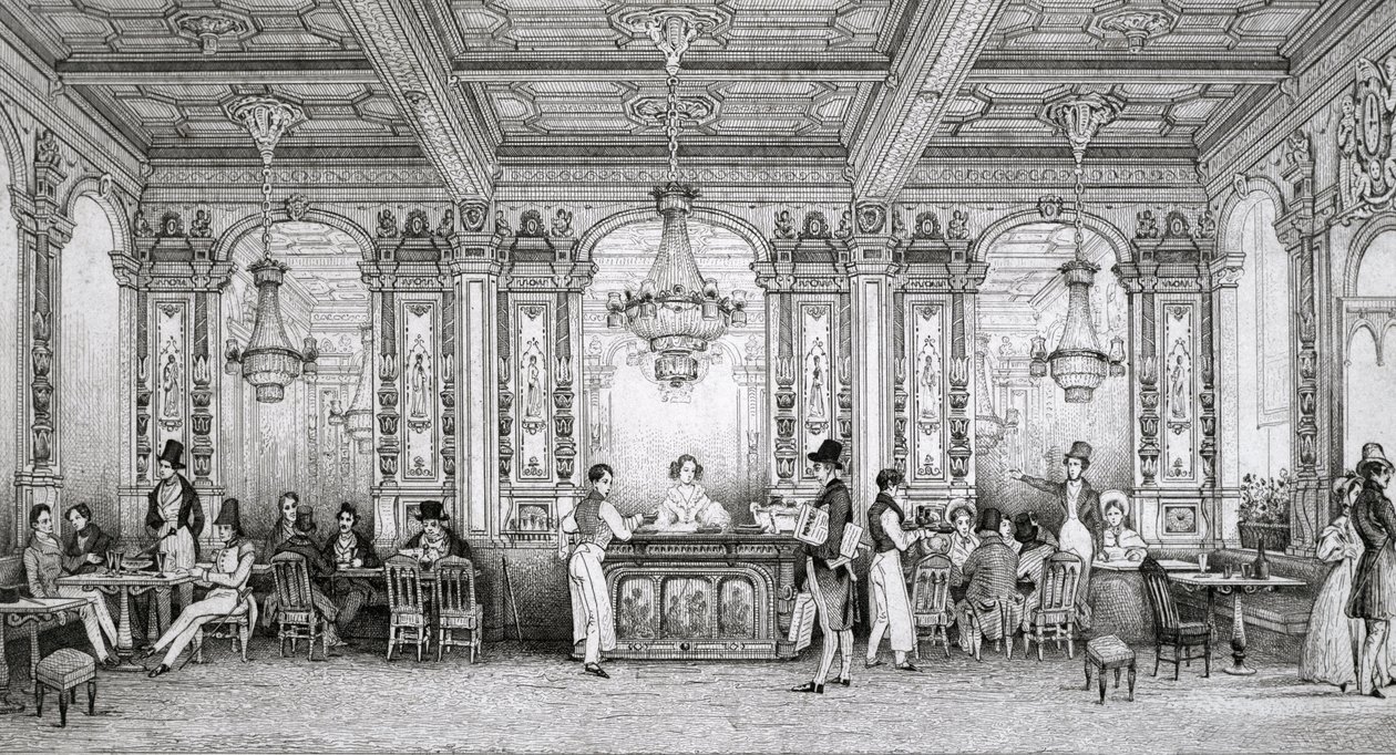 Cafe de la Banque de France gebouwd door architect Dusillon en gelegen aan Place de Victoire - Gravure van Schaal - 1839 door Louis Jacques Nicolas Schaal