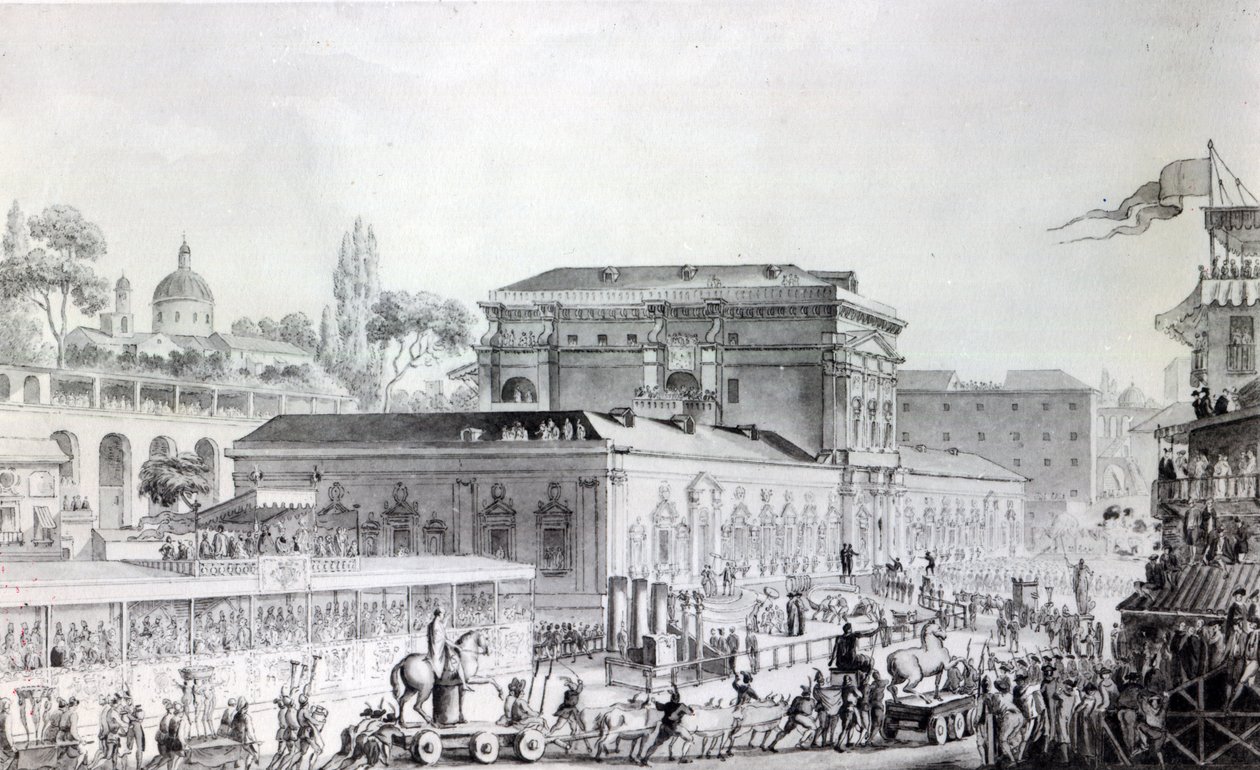 Antiquiteiten gevonden in Herculaneum worden naar het Museum van Napels vervoerd, c.1782 door Louis Jean Desprez