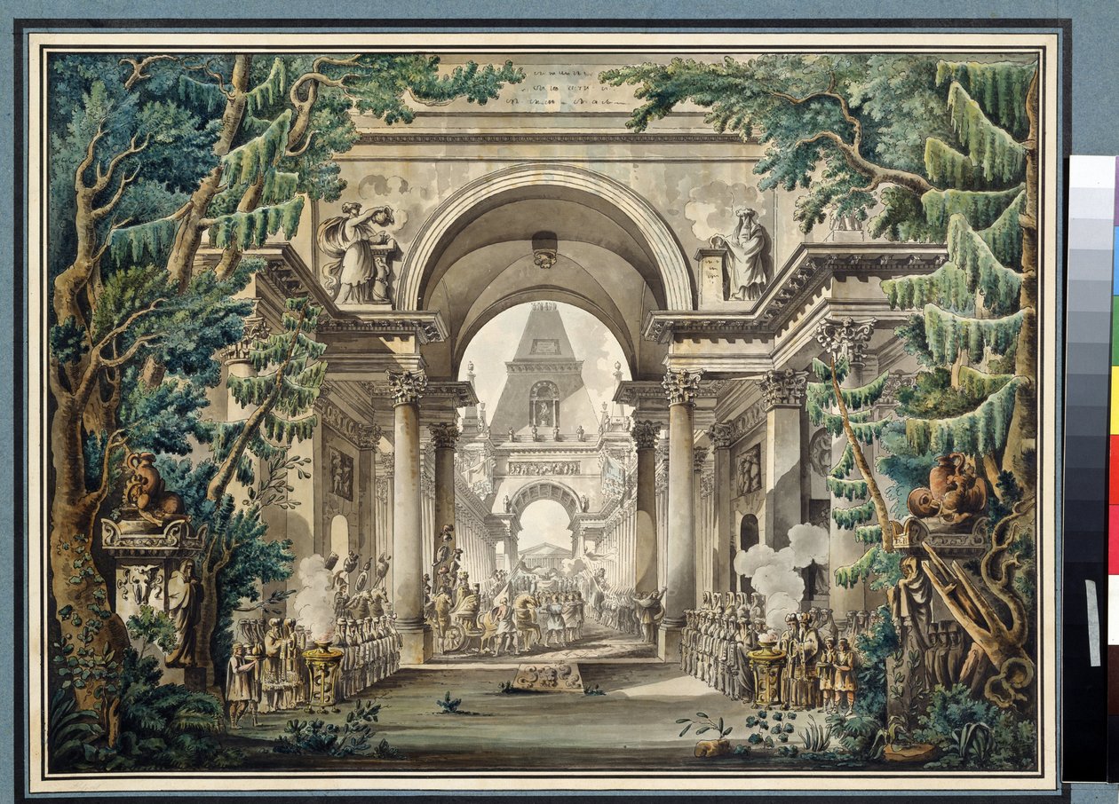 De processie in de tempel door Louis-Jean Desprez
