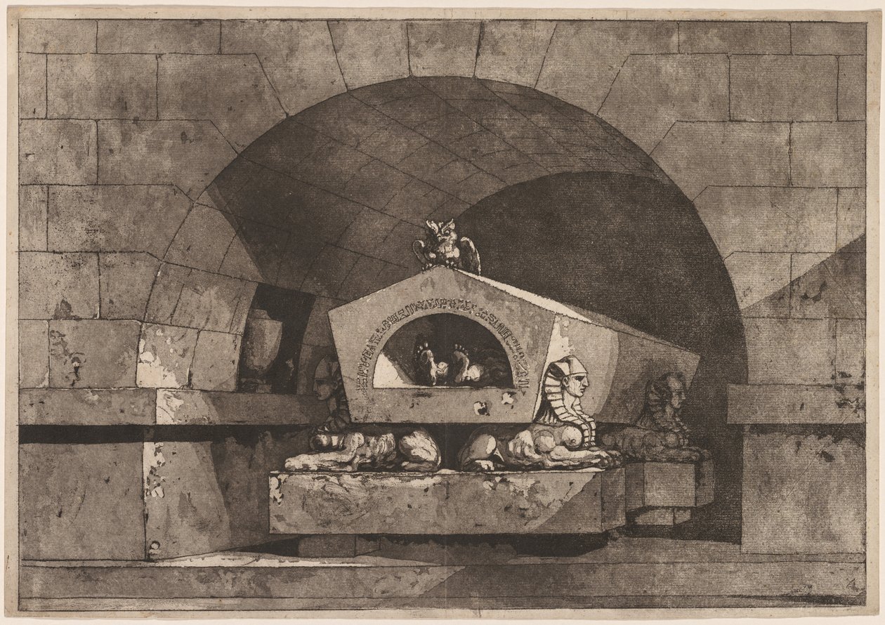 Graf met sfinx: Funerair monument met een uil op een sarcofaag ondersteund door sfinx, ca. 1779-84 door Louis Jean Desprez