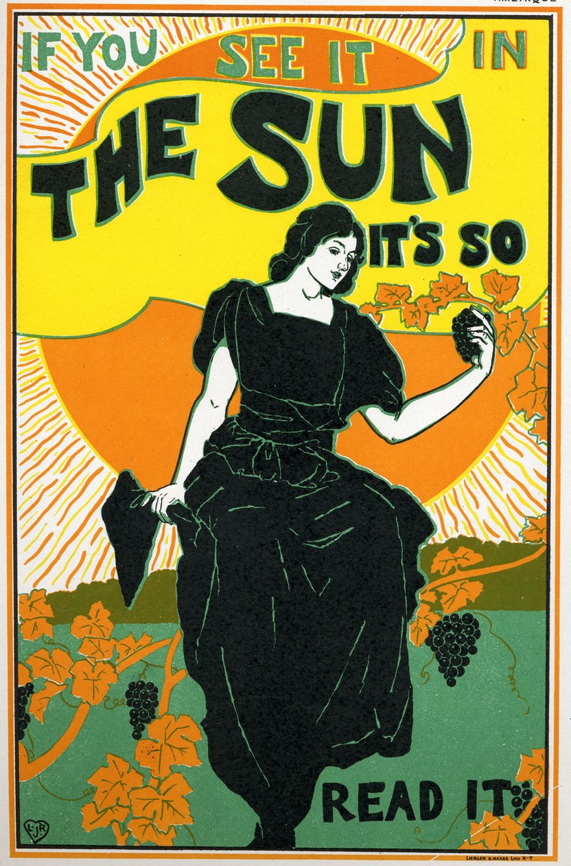 Literatuur. The Sun, krant. Poster door Louis Rhead, VS, ca. 1890 (poster) door Louis John Rhead