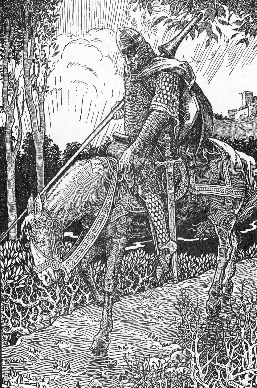 Mordred (Modred) gewond na de slag bij Camlann tegen zijn vader Koning Arthur (Mordred gewond na de slag bij Camlann) Illustratie door Louis Rhead (1858-1926) uit “Koning Arthur en zijn ridders” 1923 Privécollectie door Louis John Rhead