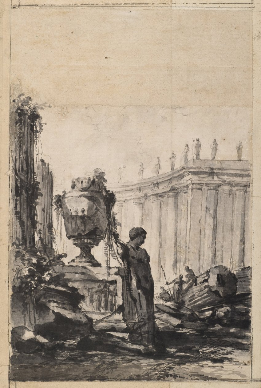 Architecturale fantasie met vaas, herm en zuilengalerij door Louis Joseph Le Lorrain