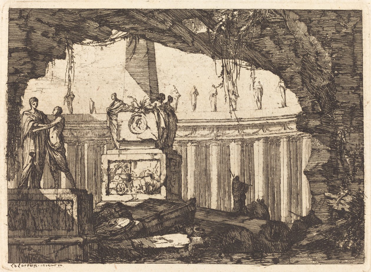Architectonische fantasie met een obelisk en arcade door Louis Joseph Le Lorrain