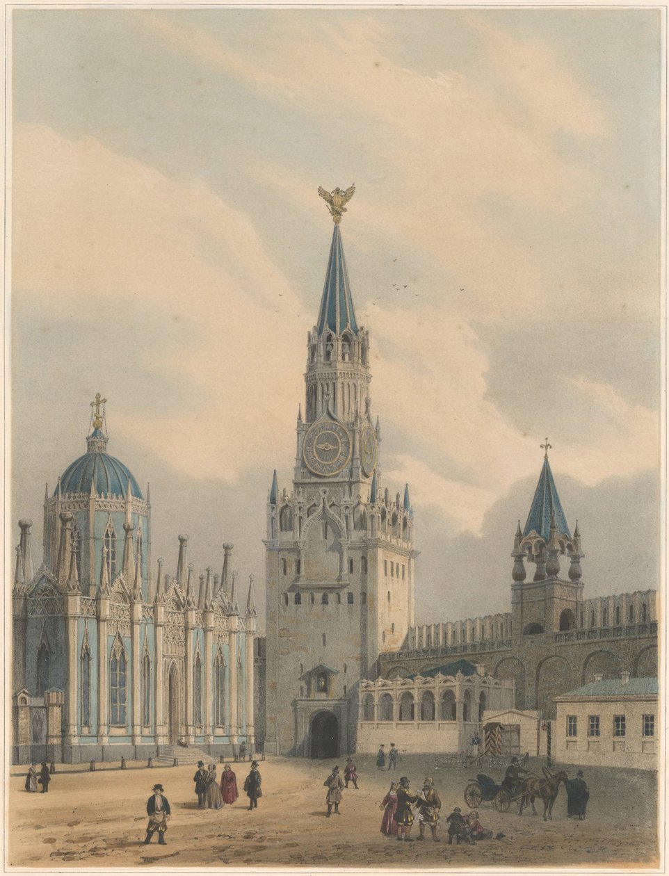 De Spasskaya Toren Verlosser Poorten en Sint-Catharina Kerk van het Hemelvaartklooster in het Kremlin van Moskou door Louis Jules Arnout