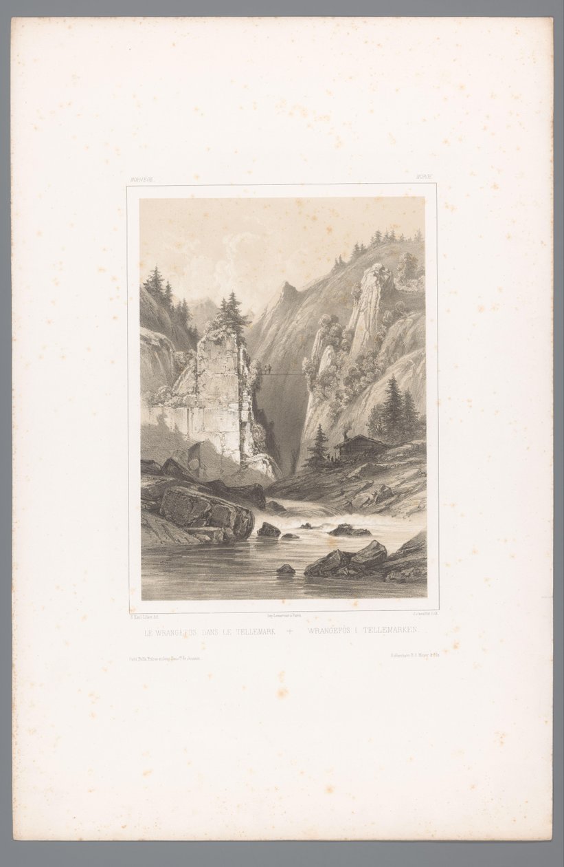 Zicht op een brug over een rotskloof in Telemark (Gezichten in Scandinavië) door Louis Julien Jacottet