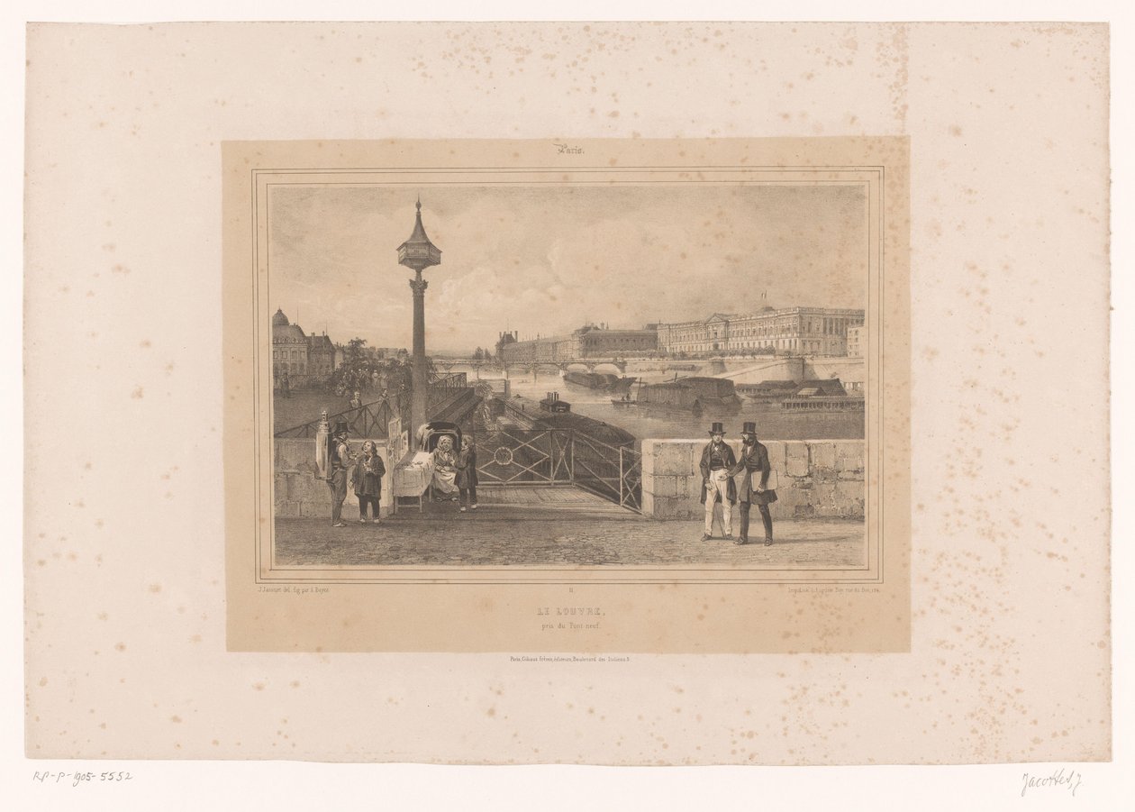Zicht op het Palais du Louvre vanaf de Pont Neuf door Louis Julien Jacottet