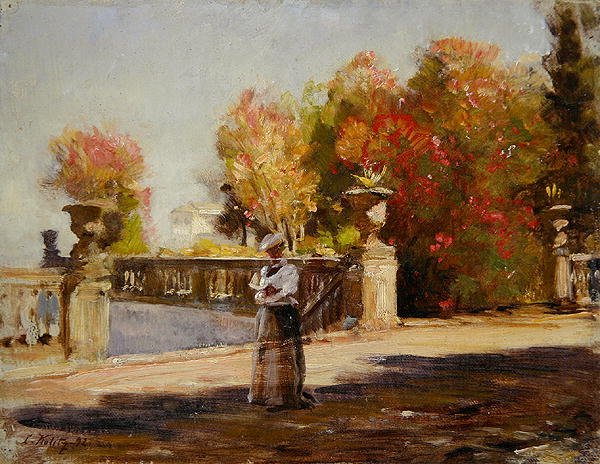 Een dame leest op een zonnig terras door Louis Kolitz