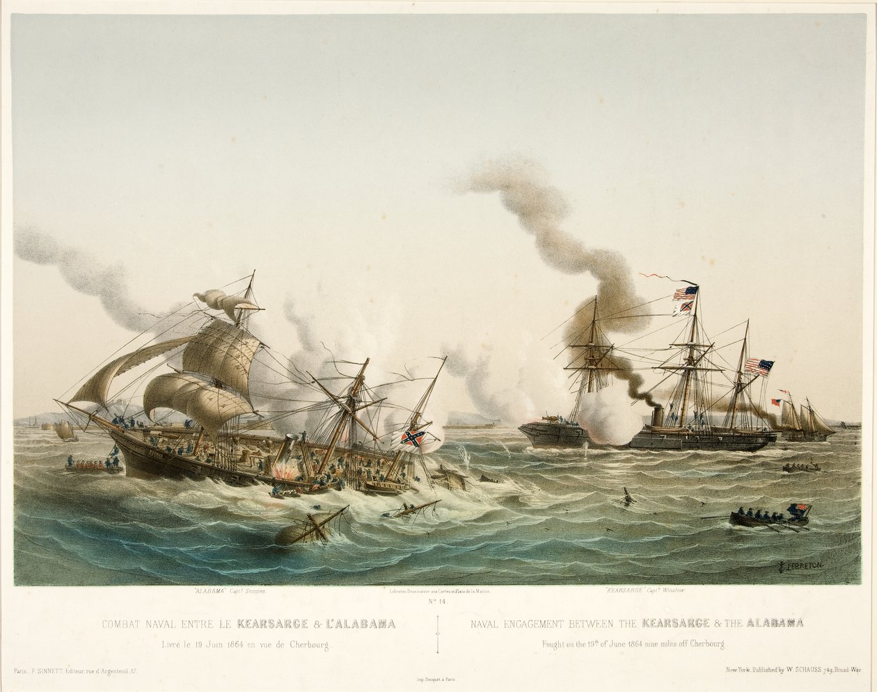 Zeeslag tussen de Kearsage en de Alabama, uitgegeven 1864 door Louis Le Breton