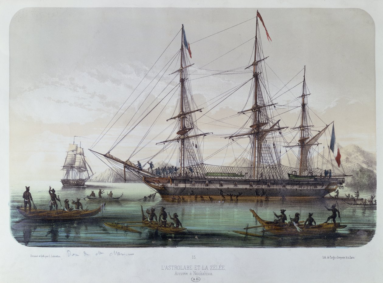 De Astrolabe en Zelee bezoeken Nuku Hiva-eiland in de Franse Marquesaseilanden door Louis Le Breton
