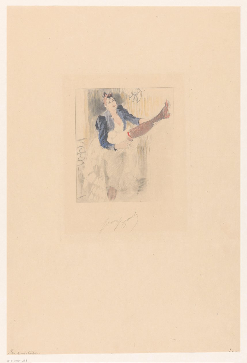 Cancan-danseres gitaarspelend op haar been door Louis Legrand (signed by artist)