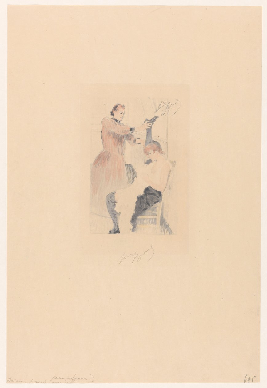 Cancan-danseres zittend op een stoel terwijl ze een flexibiliteitsoefening doet door Louis Legrand (signed by artist)
