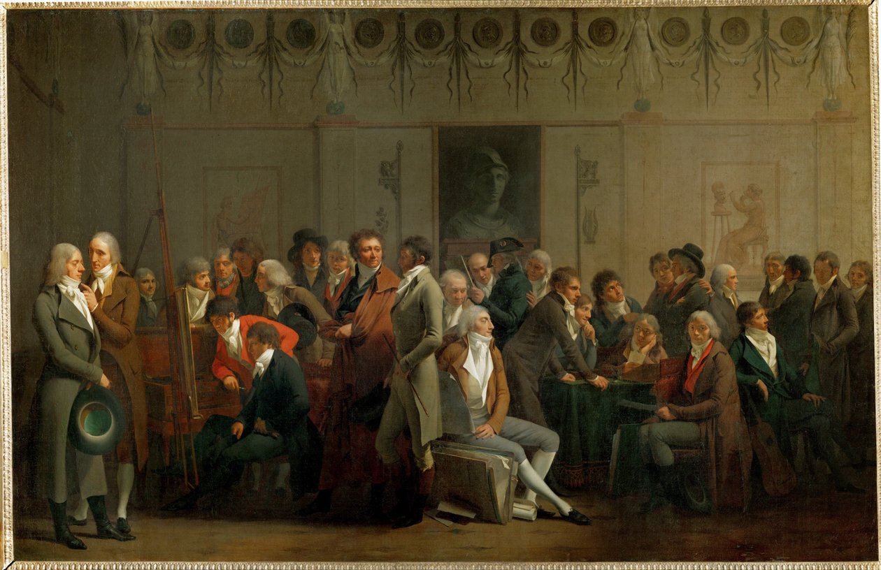 Een groep kunstenaars in de studio van Isabey ... door Louis Leopold Boilly