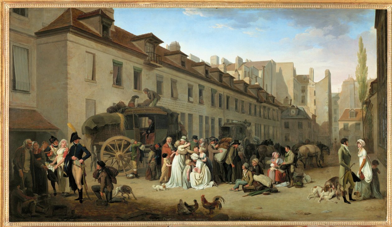 De aankomst van een koets op de binnenplaats van de Messageries, rue Notre-Dame-des-Victoires, in Parijs ... door Louis Leopold Boilly