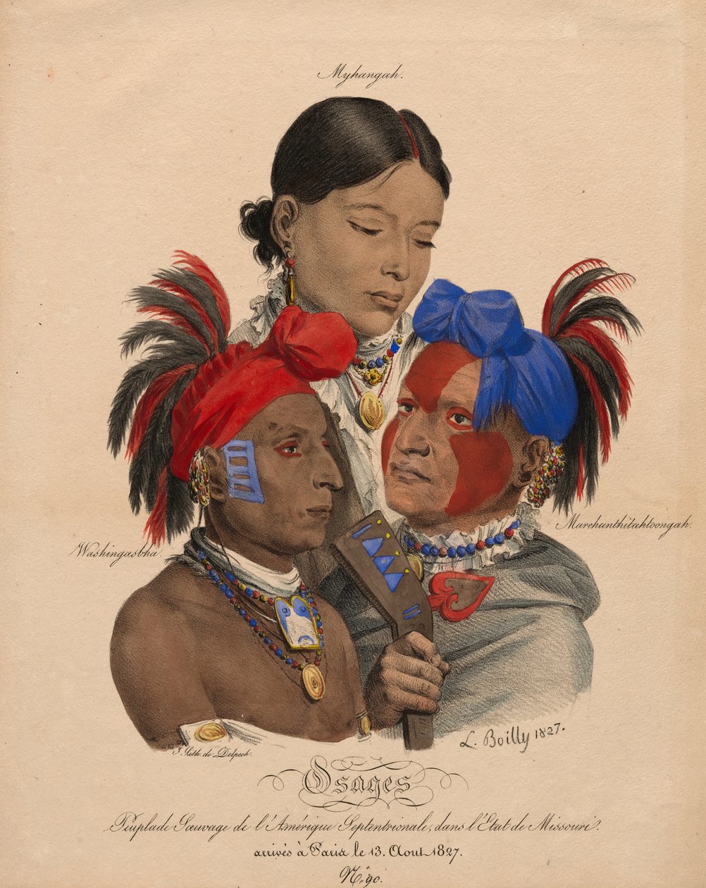 Osage-indianen: Mohongo, Washingsabba (of Black Bird) en Big Soldier door Louis Leopold Boilly