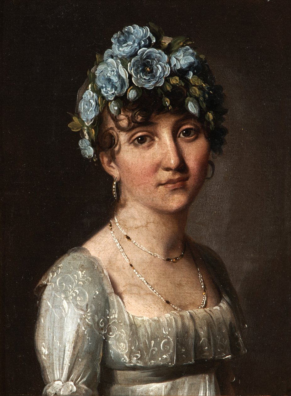 Portret van barones Mesgrigny, geboren Berthelot de Rambuteau (Portret van een jonge vrouw met blauwe bloemen) door Louis Leopold Boilly