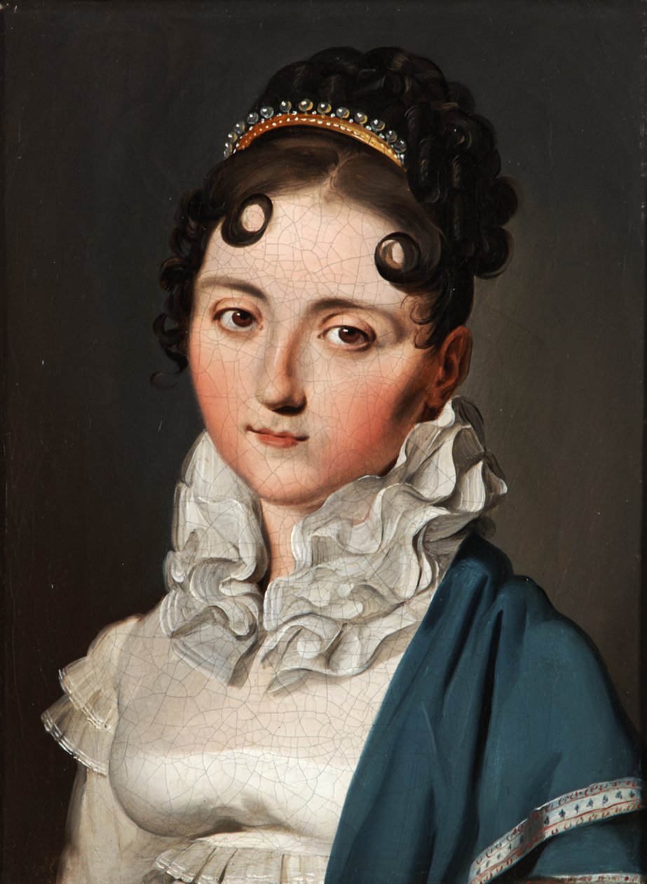 Portret van een jonge vrouw met een groene sjaal door Louis Leopold Boilly