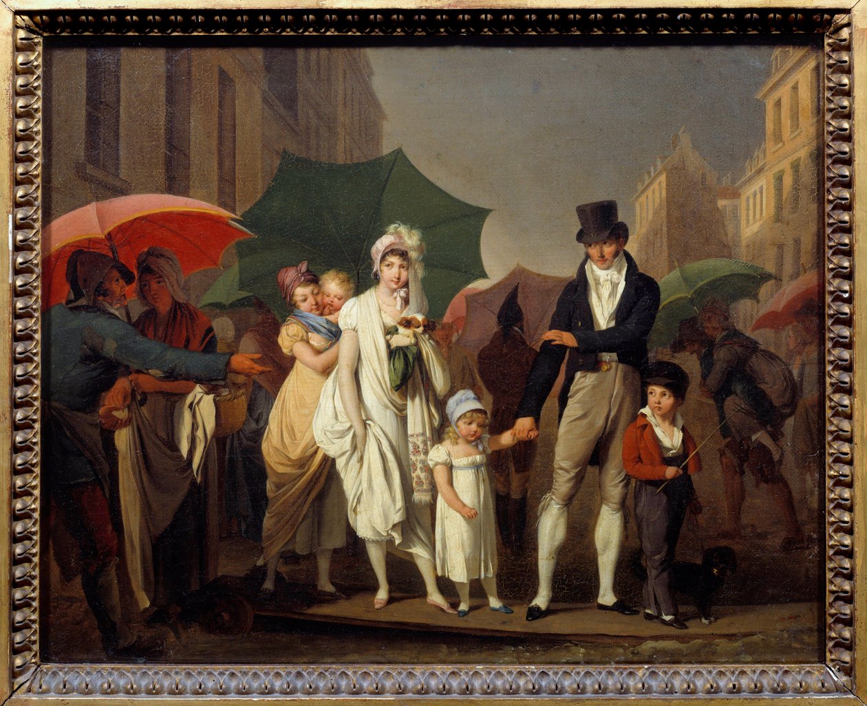 De Bourgeois in Parijse Premier Empire mode beschermt zich tegen de regen. Schilderij door Louis leopold Boilly (1761-1845) 19e eeuw door Louis Leopold Boilly