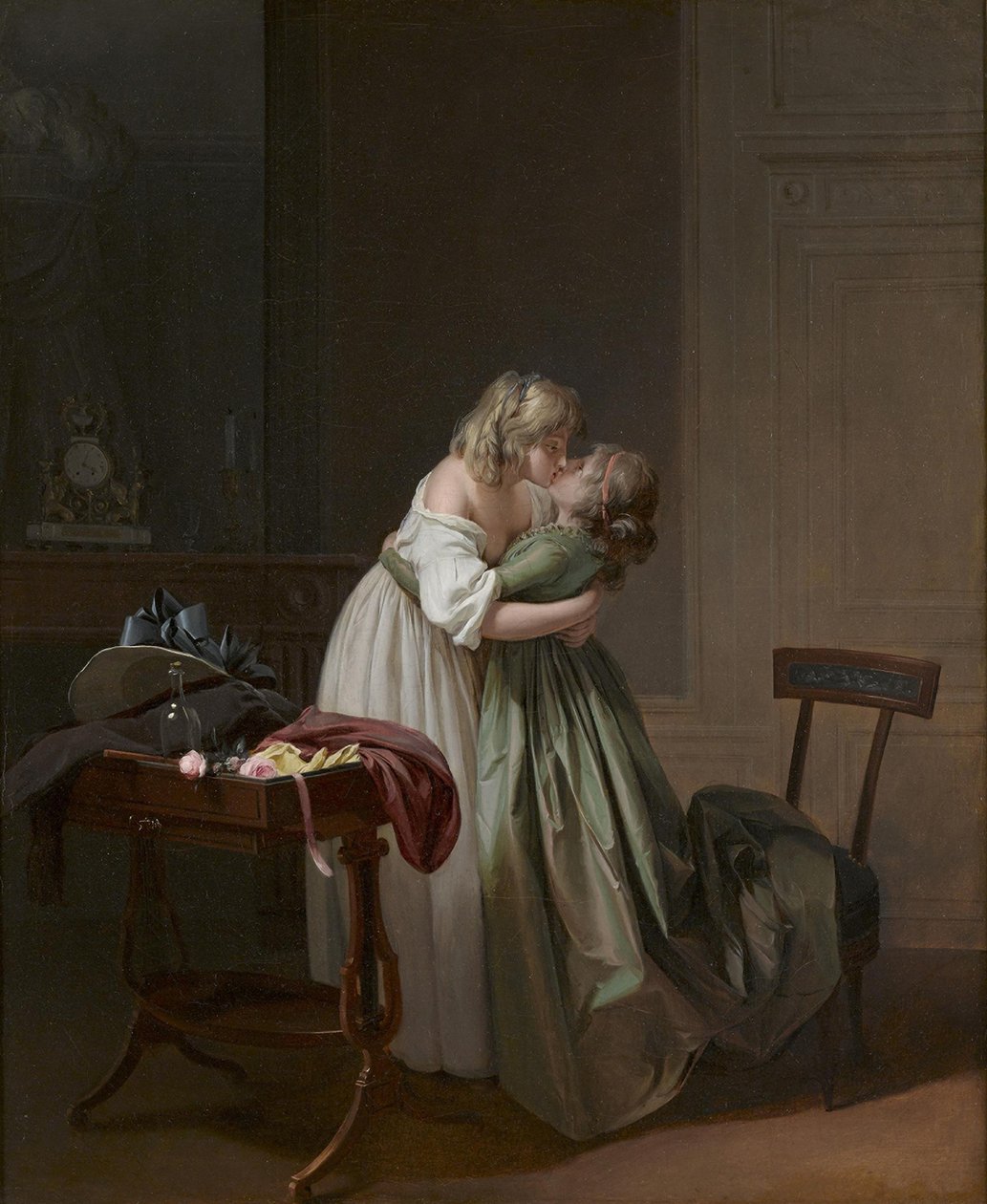 Twee jonge vrouwen kussen, ca. 1790-1794 door Louis Leopold Boilly