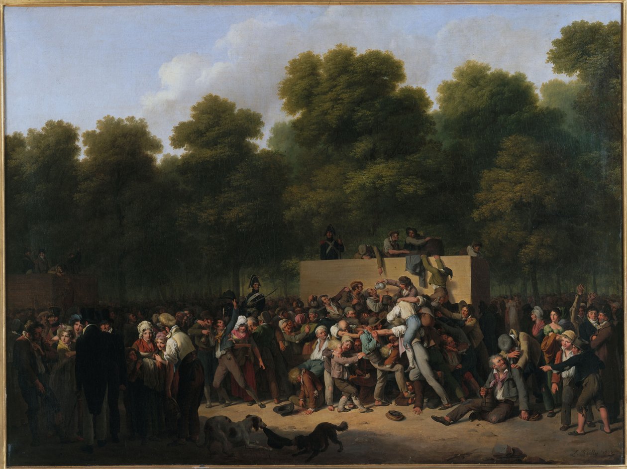 Frans: Uitdelen van wijn en eetwaren op de Champs-Elysées ter ere van de verjaardag van de koning door Louis Leopold Boilly