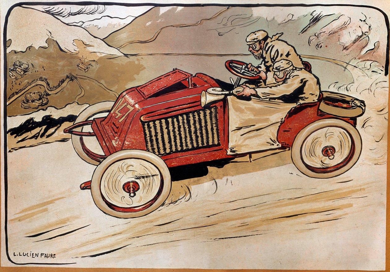 Automobiel: een raceauto. Marcel Renault (1872-1903) en Rene Vauthier steken de Alpen over tijdens de race PARIJS-WENEN in 1902 in auto 147. Lithografie door Louis Lucien Faure Dujarric (1872-?), 20e eeuw. Conservatoire national des Arts et Metiers, Parijs door Louis Lucien Faure Dujarric