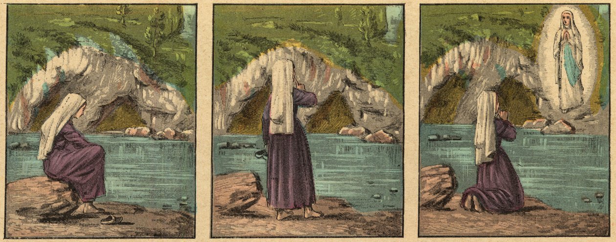 De verschijning van de Maagd Maria in Lourdes - De Maagd verschijnt aan Bernadette Soubirous in Lourdes in 1858 - Gravure uit 