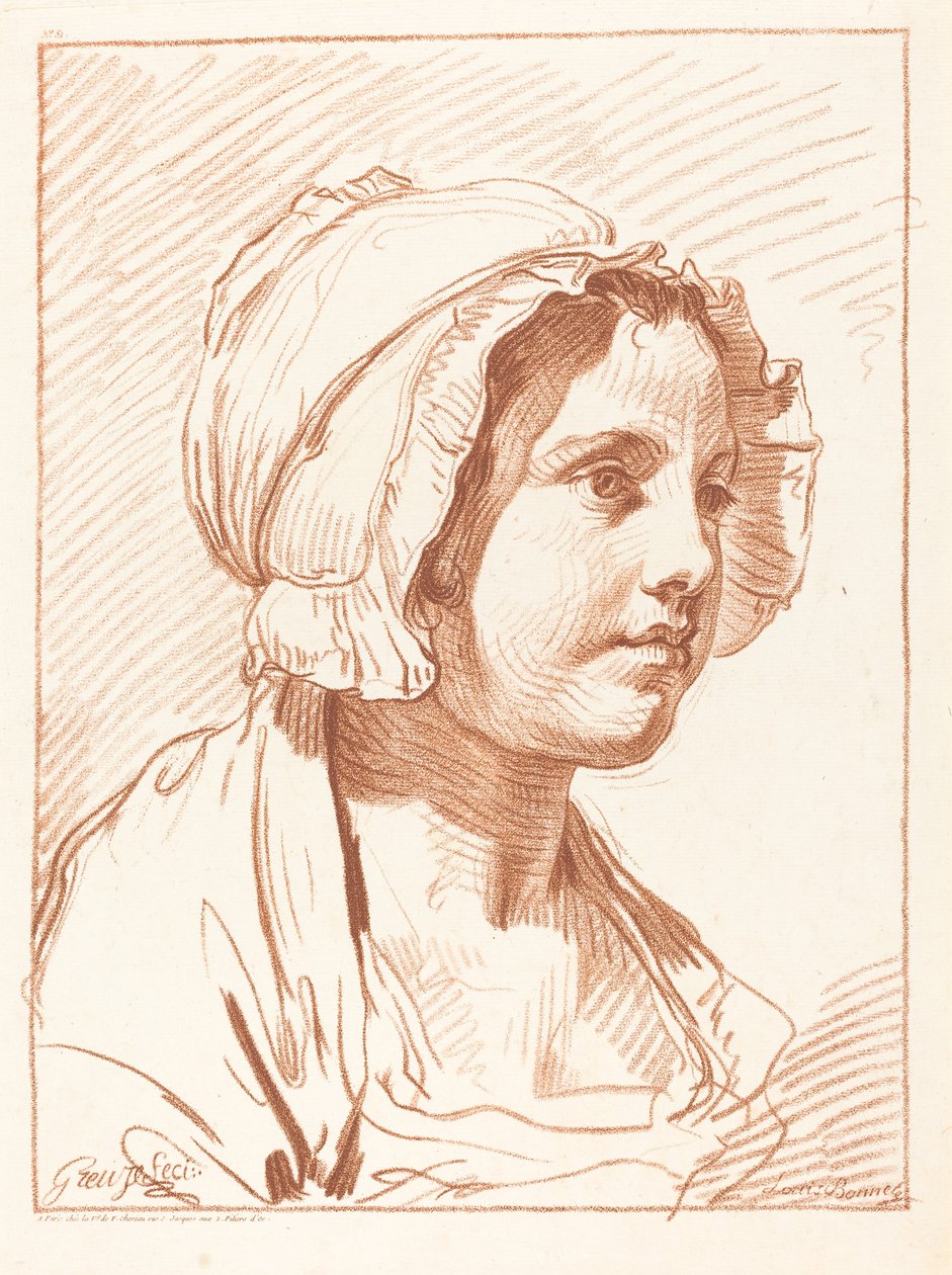 Hoofd van een jonge vrouw met een muts door Louis Marin Bonnet after Jean Baptiste Greuze