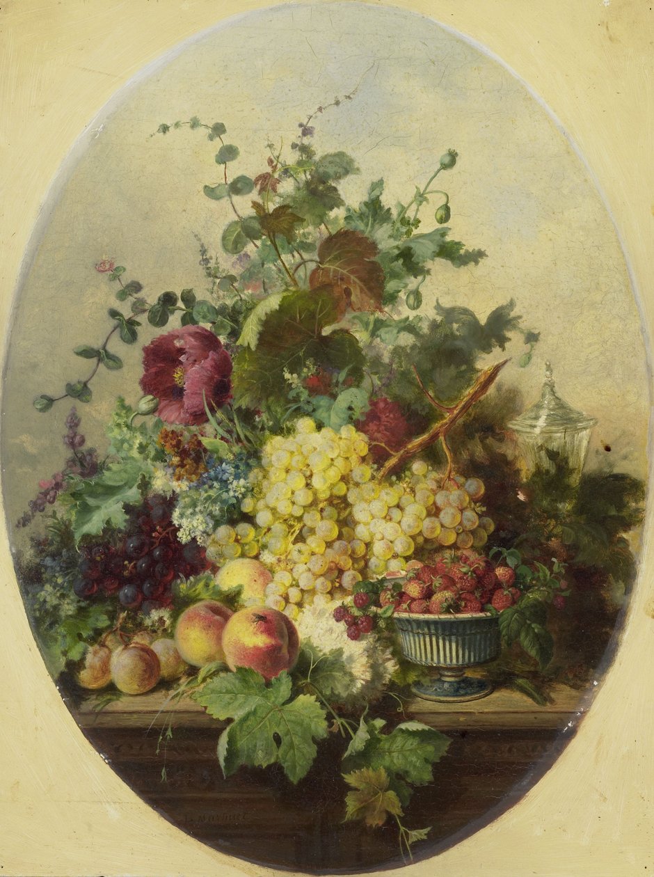 Stilleven met fruit en bloemen door Louis Martinet