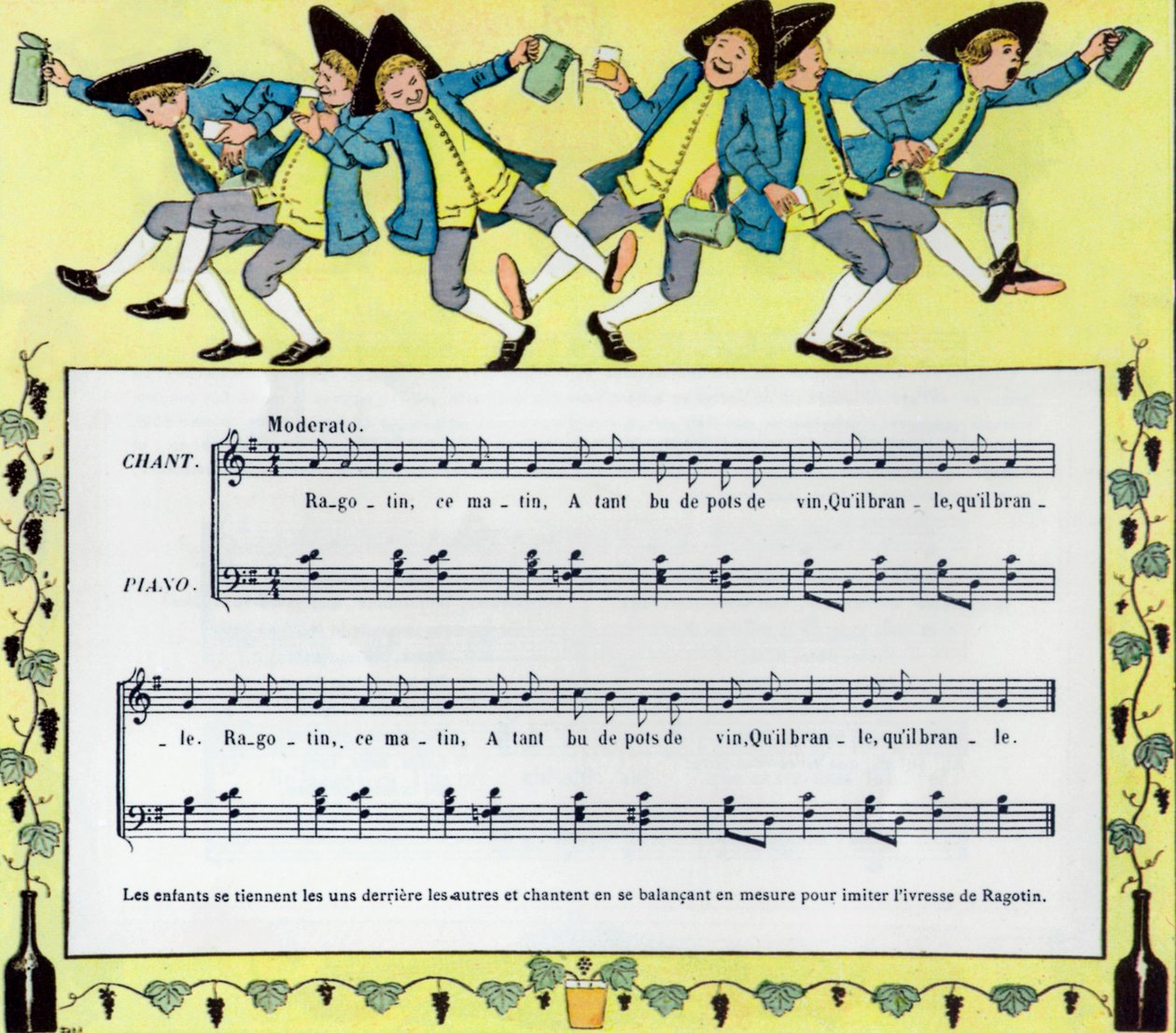 Partituur en illustratie door Louis Maurice Boutet de Monvel van kinderlied Ragotin door Louis Maurice Boutet de Monvel
