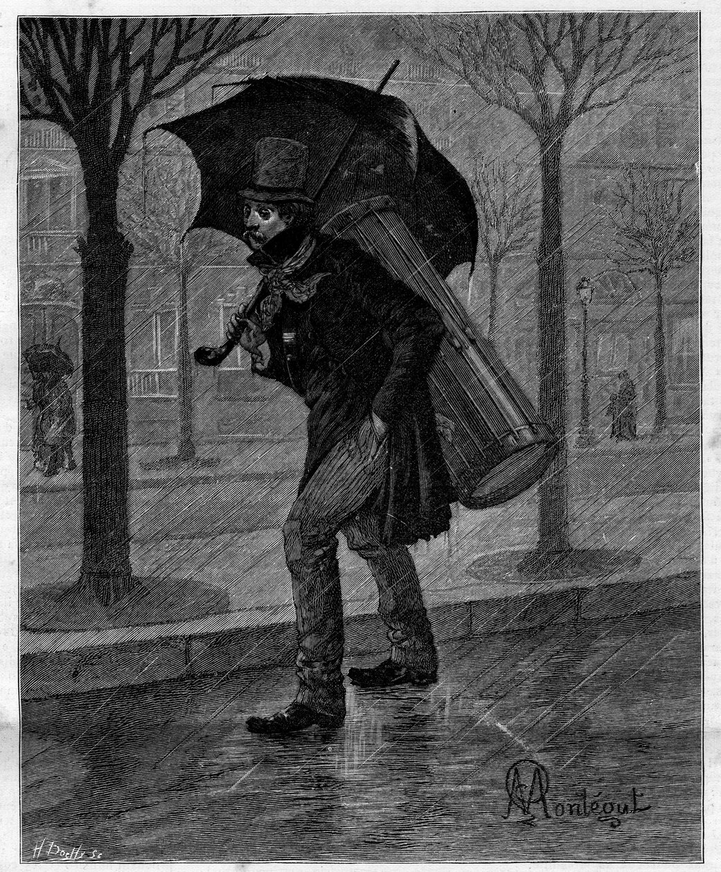 Slechte oogst! Arme natte krekel! ... Trommelspeler in ellende loopt in de regen door de straten van Parijs. In 