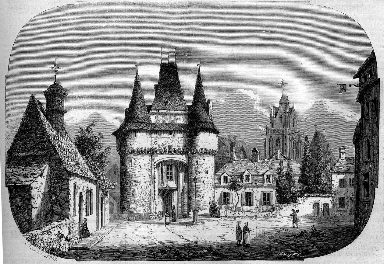 Architectuur: uitzicht op de poort Saint Julien (1460-1483), op de achtergrond, uitzicht op de gotische kerk Notre Dame des Marais (1450-1623). La Ferté-Bernard, Sarthe (72). door Louis Moullin
