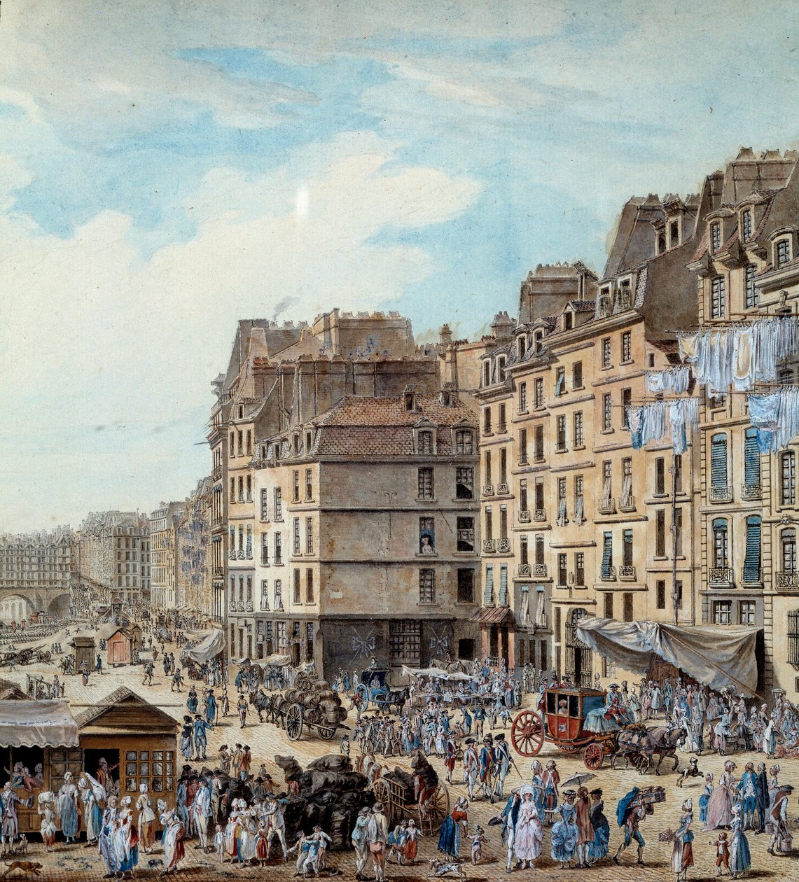 Maritiem leven op de dokken van de haven in Parijs in 1782. Peniches en commerciële activiteiten op de Seine. Detail. Tekening door Louis de Lespinasse (1782) Parijs, Musee Carnavalet door Louis Nicolas de Lespinasse