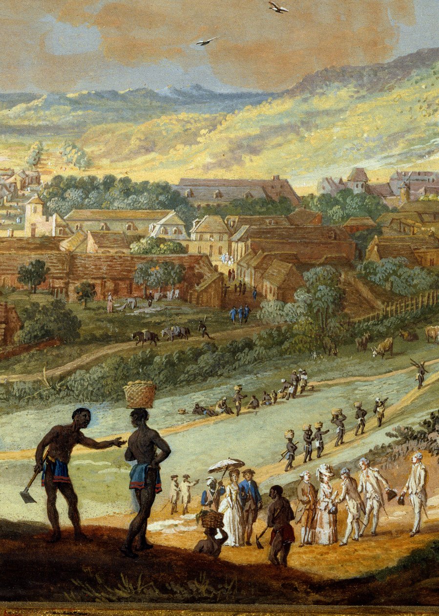 Detail: Zicht op de stad Kaap Frans (Kaap van de Republiek) gezien vanaf de heuvel in Santo Domingo door Louis Nicolas van Blarenberghe
