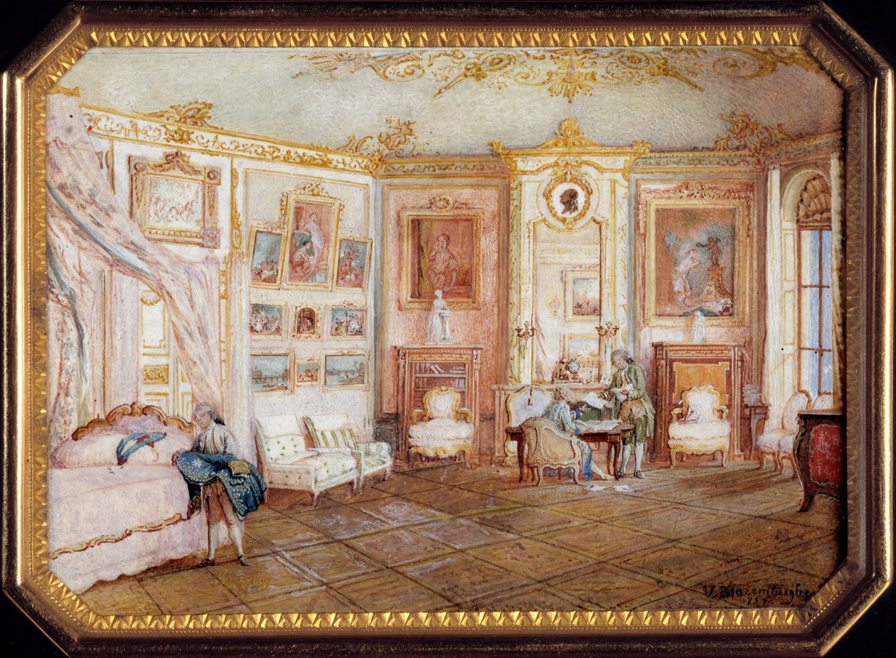 Deksel van een tabaksdoos met miniatuurschildering van een kamer onder Lodewijk XV. Rond 1770. Parijs, Louvre door Louis Nicolas van Blarenberghe