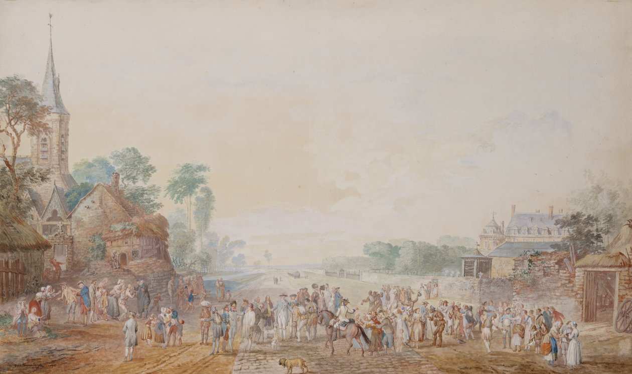 De hertog van Penthievre met Benjamin Franklin aan zijn rechterzijde bij een review van zijn vrijwilligersregiment naast zijn kasteel in Rambouillet door Louis Nicolas van Blarenberghe