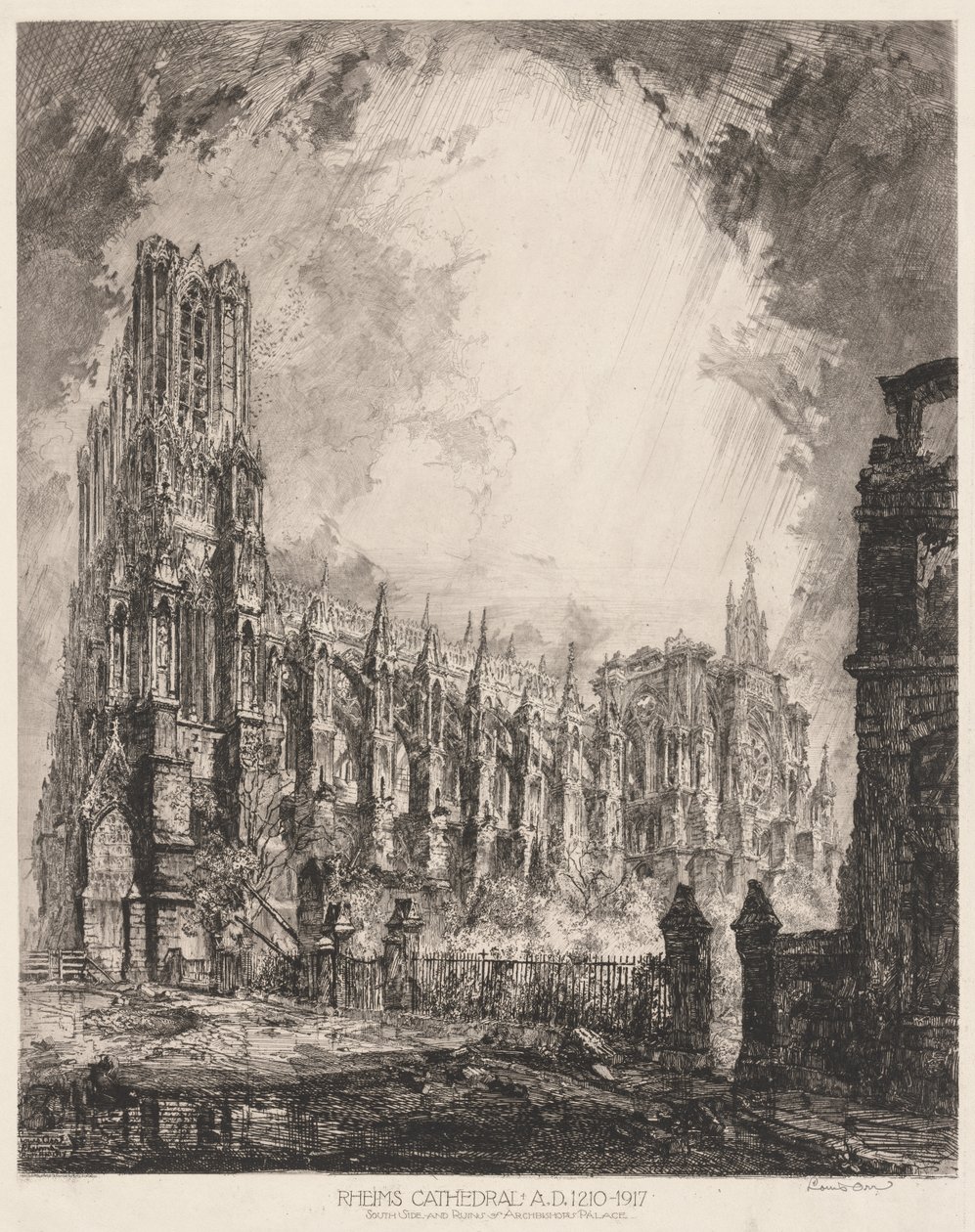 Kathedraal van Reims en Ruïnes van het Aartsbisschoppelijk Paleis door Louis Orr