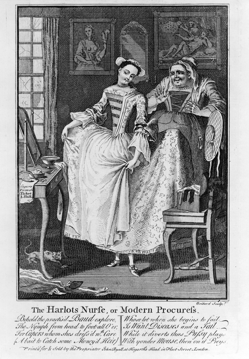 De verpleegster van de hoer of moderne koppelaarster, pub. 1750 (zw gravure) door Louis Philippe Boitard