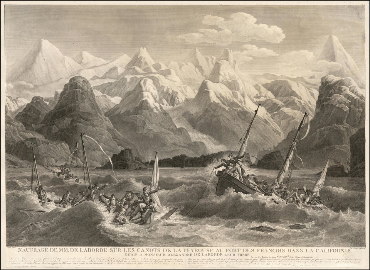 1786 gravure van een scheepswrak van twee kleine boten die deel uitmaakten van de La Perouse Expeditie door Louis Philippe Crepin