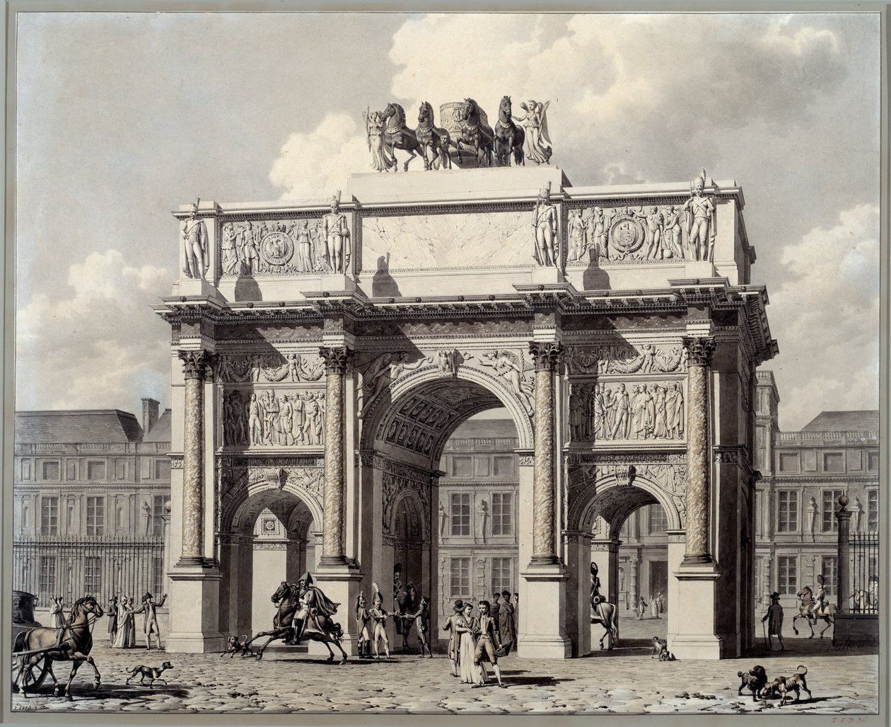 Zicht op de triomfboog van de carrousel in Parijs door Louis Pierre Baltard